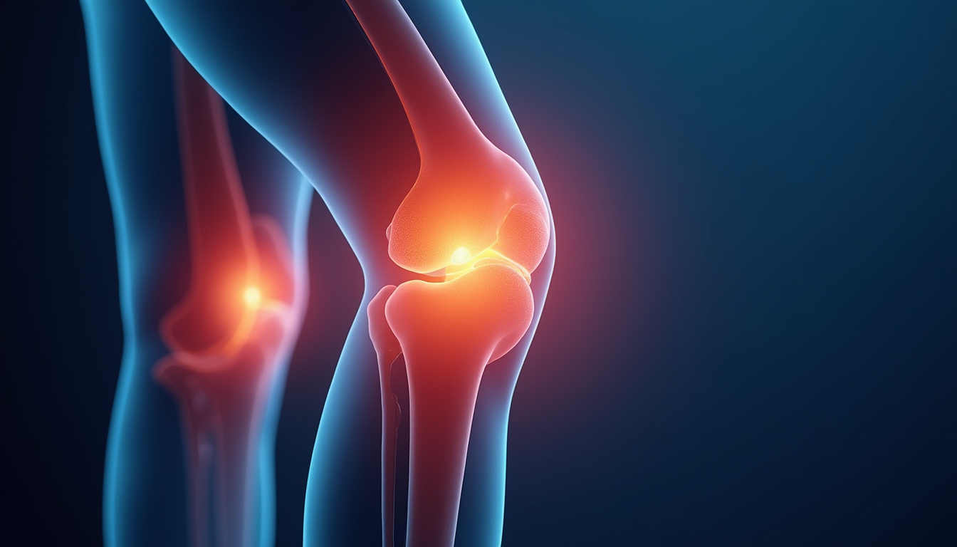  Close-up anatomical overlay of knee joint warming up, glowing pain points fading, blue background