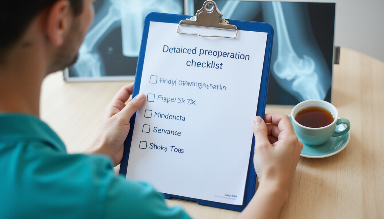  Detailed preoperative checklist on clipboard, knee x-ray nearby, cup of tea, supportive partner