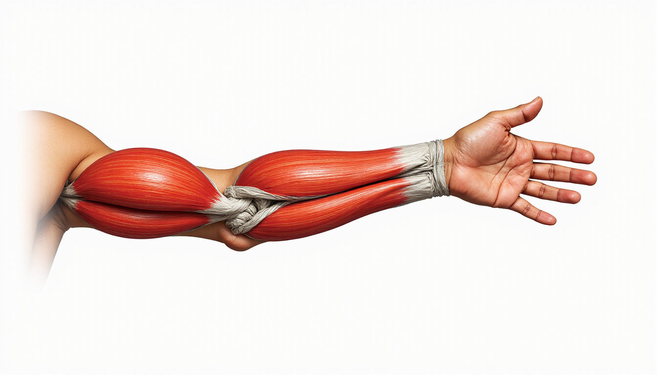  Close-up forearm muscles with fishing line tension illustration, pain areas highlighted, medical infographic style