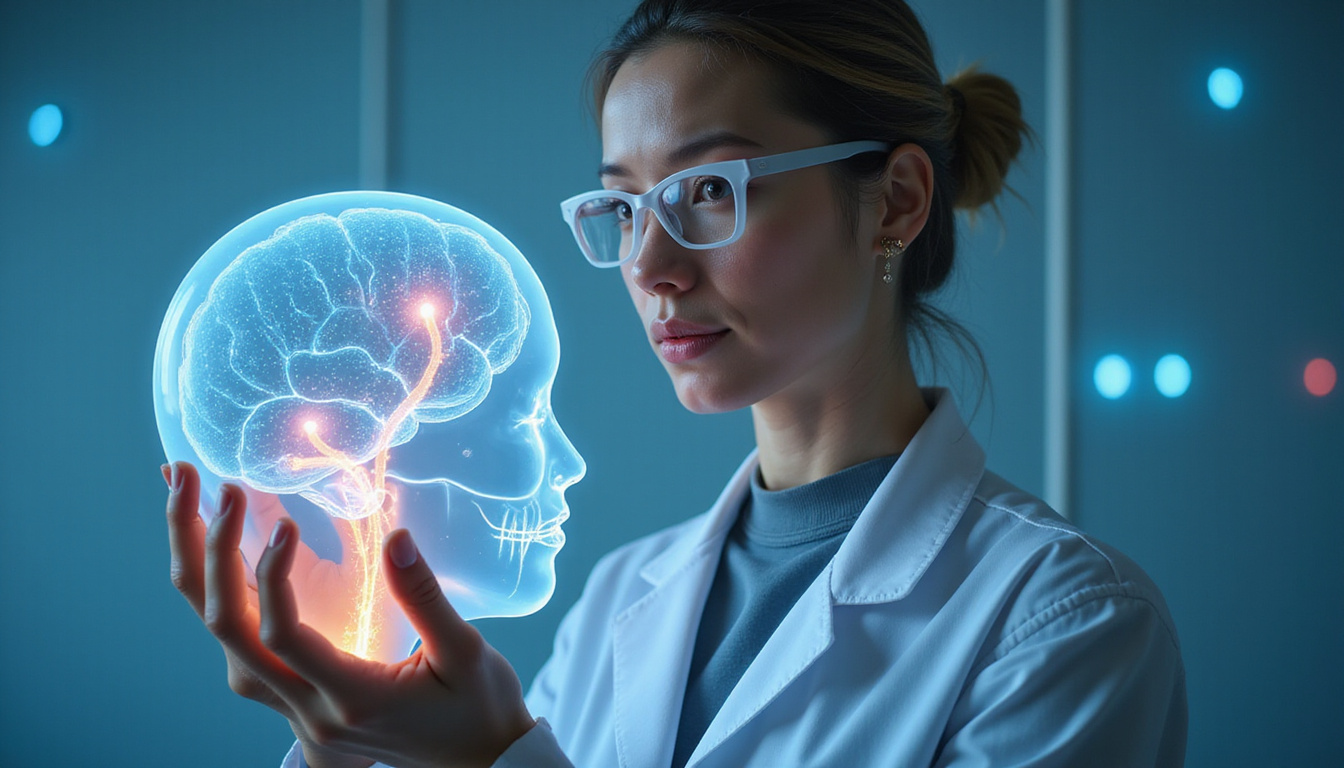  Futuristic lab scientist holding translucent scalp model with luminous hormones and fuller hair diagrams