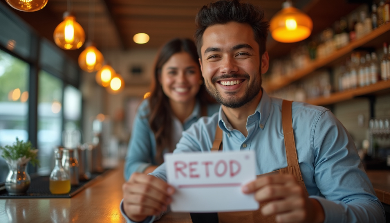close-up of bartender refusing service with calm smile, refusal card and checklist, attentive colleagues