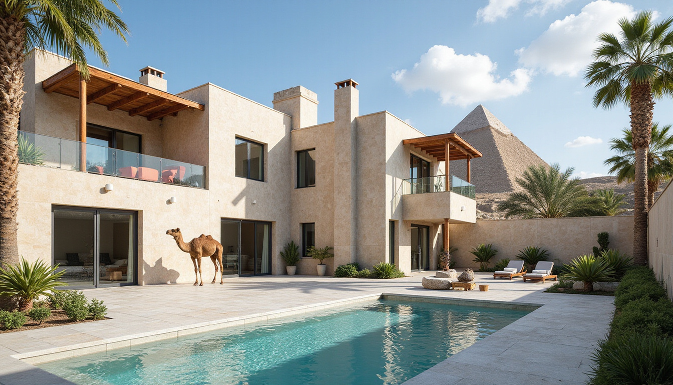  Modern Mediterranean mansion near Giza, marble terraces, private courtyard, camel silhouette against pyramids