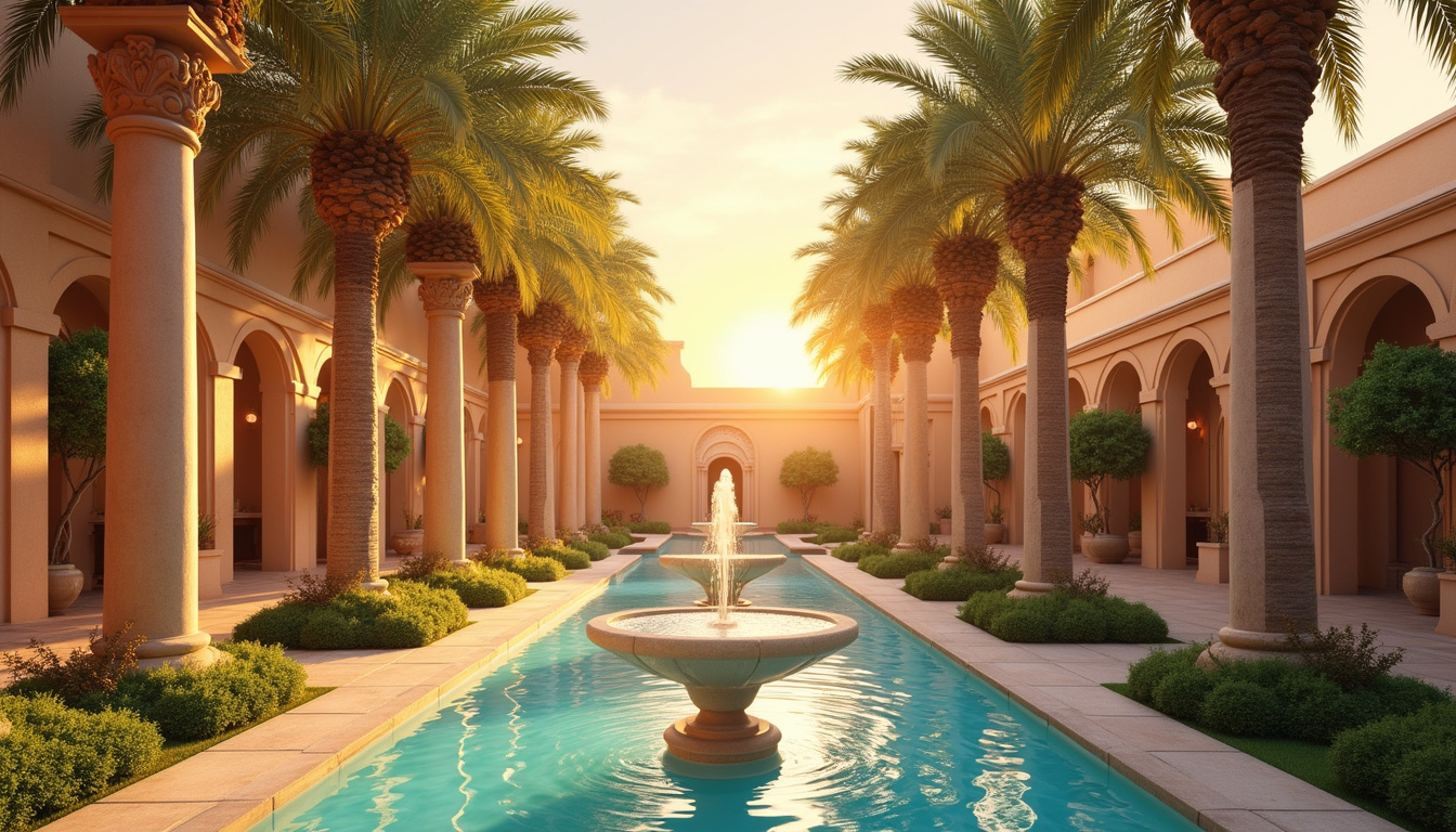 Luxor temple-inspired hotel courtyard with towering columns, alabaster fountains, warm sunset, lush palms