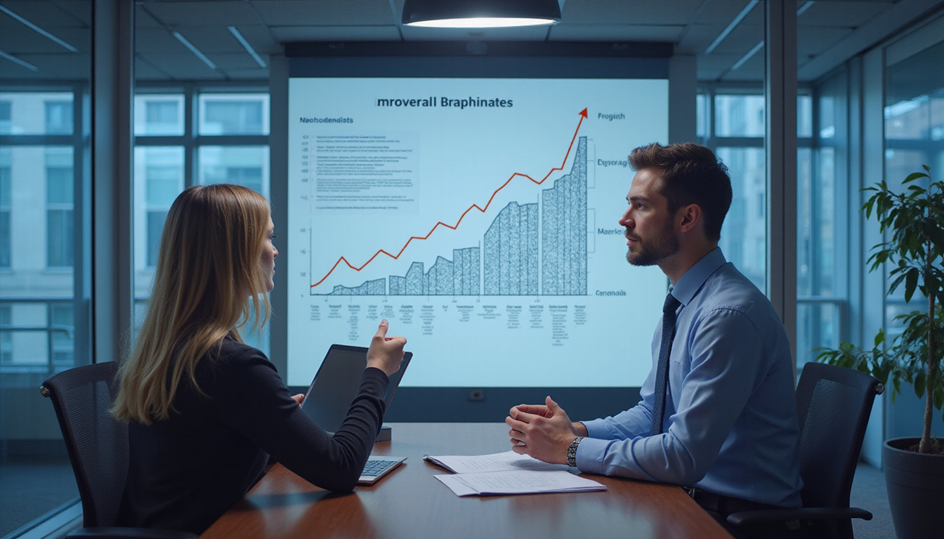  Focused consultant reviewing improvement checklist, upward chart, federal contract folder, modern office, dramatic rim light