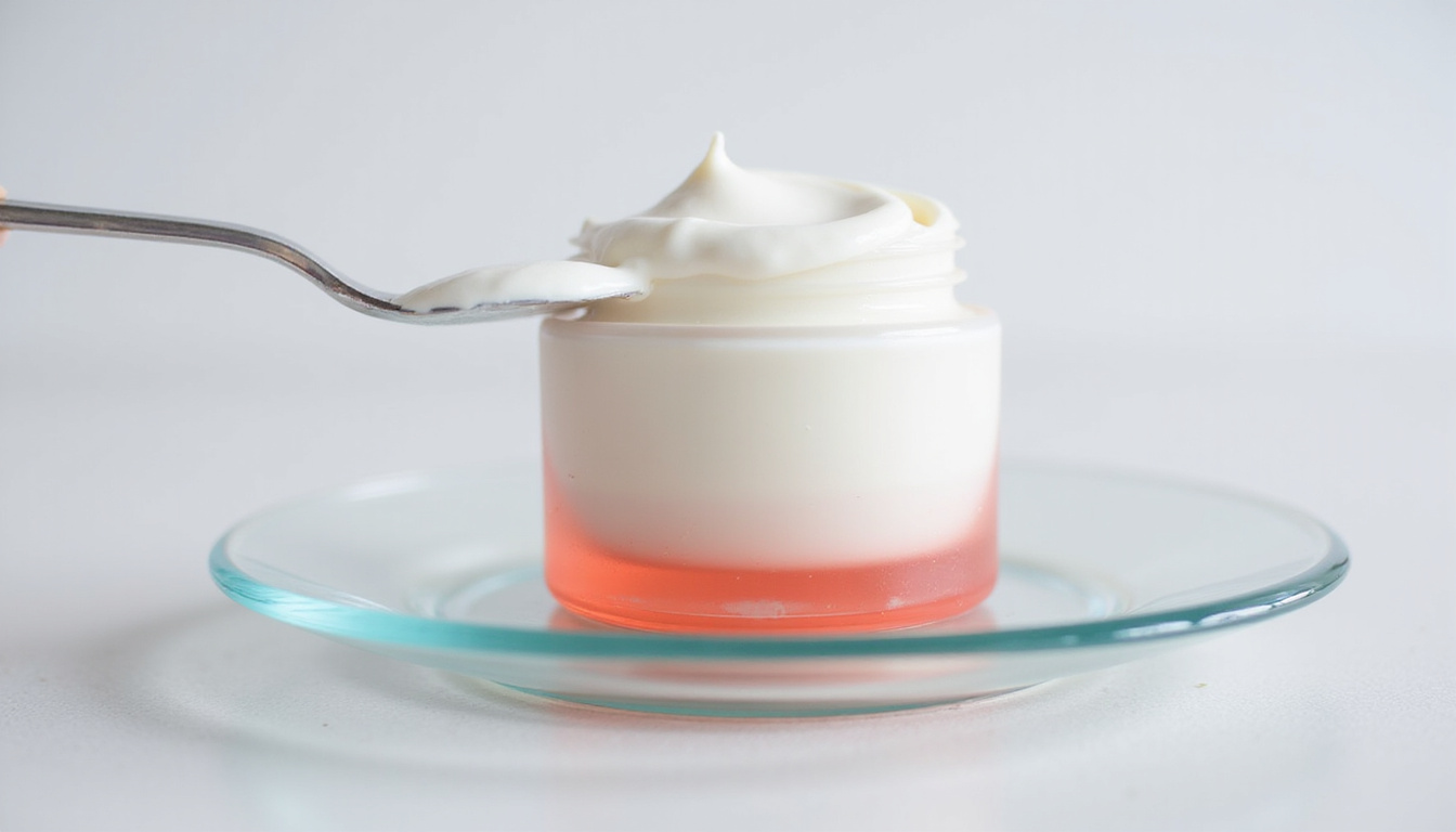 Rheology test of luxury moisturizer on glass plate, spatula, measuring viscosity, minimalist white lab