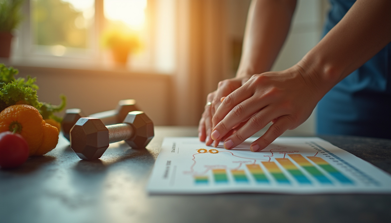 Close-up hands prepping healthy meal beside dumbbells, progress chart overlay, sunrise determination