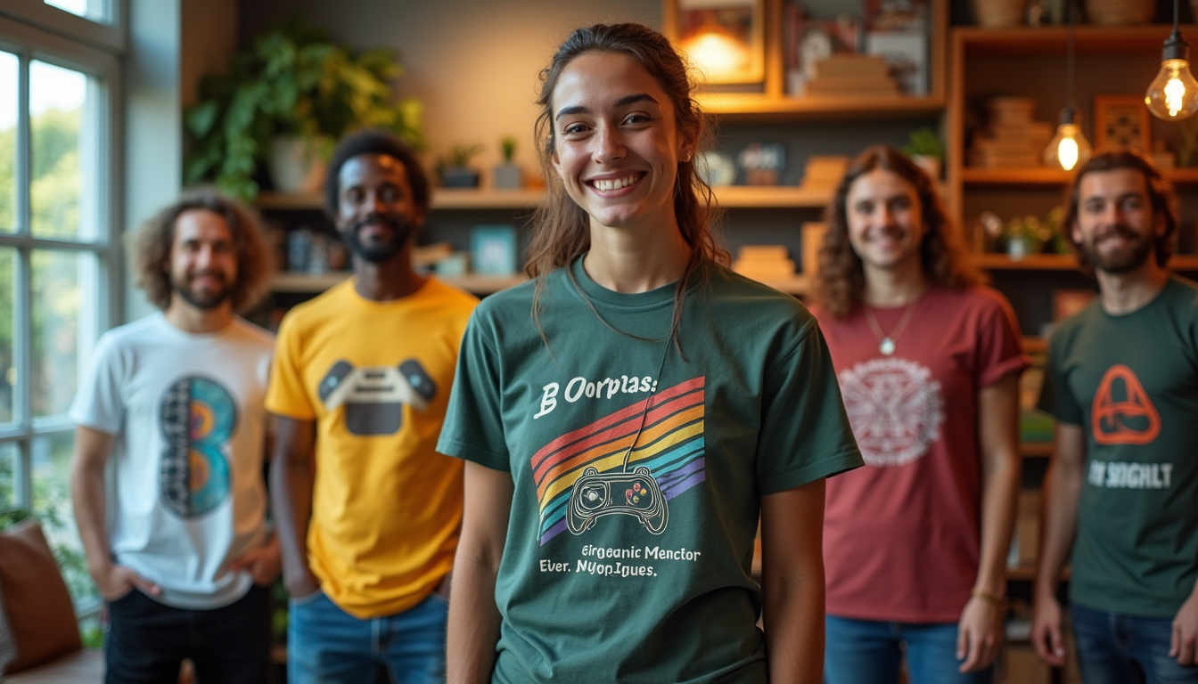  Eco-friendly boutique scene, diverse happy customers trying B Corp shirts, warm community vibe