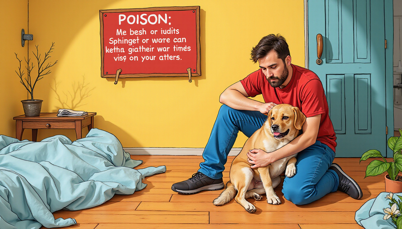 Emergency scene: worried owner cradling sick dog, poison instructions, urgent phone call