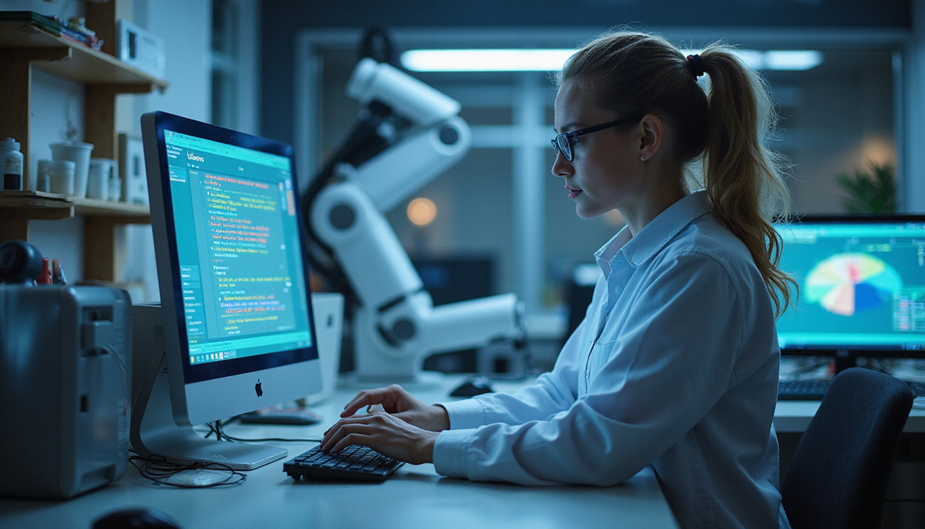 Laboratory workspace, engineer tweaking memory modules, reliable robotic assistant displaying stability metrics