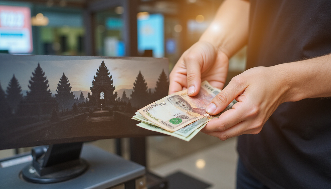  Close-up of hands counting foreign currency, Balinese temple silhouette, calm, trustworthy bank signage