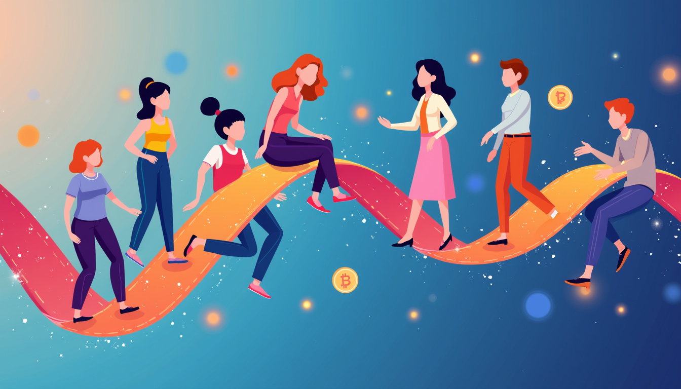  Diverse users smiling as seamless transaction flow visualized by simplified layered blockchain ribbons