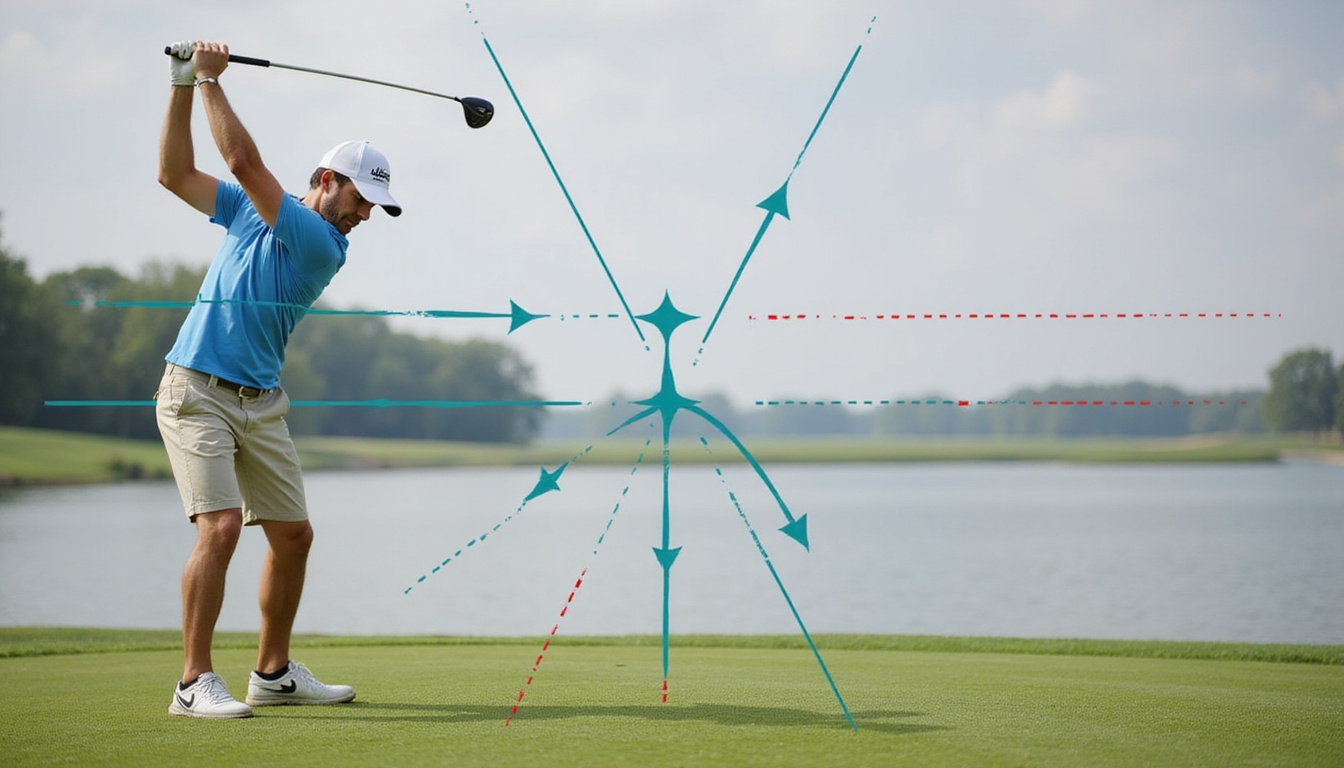  Focused golfer using alignment sticks and resistance band, trajectory arrows showing tightened accuracy