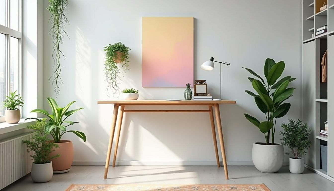  Minimal vertical workspace, wall-mounted standing desk, greenery, efficient layout, bright Scandinavian design