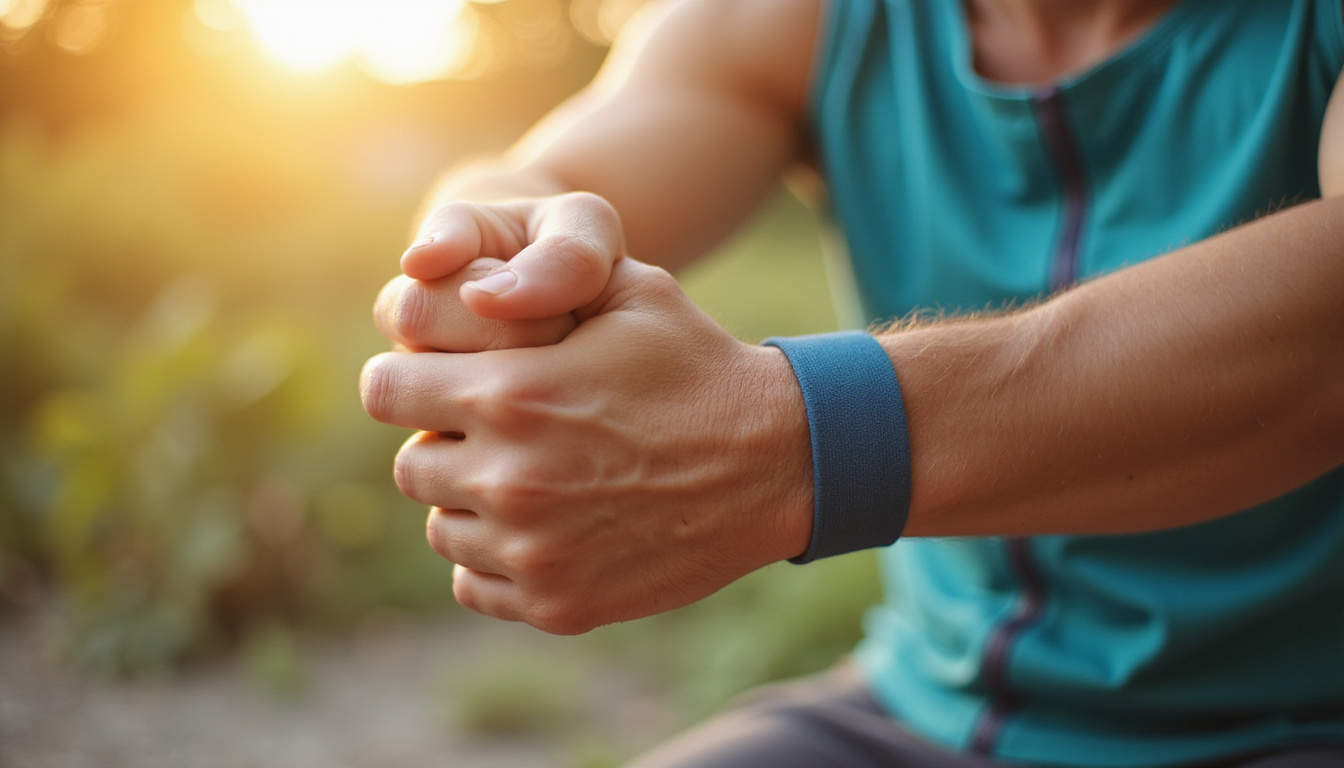  Close-up of hands using resistance band for wrist tendonitis rehab, soft morning light, calm focused expression