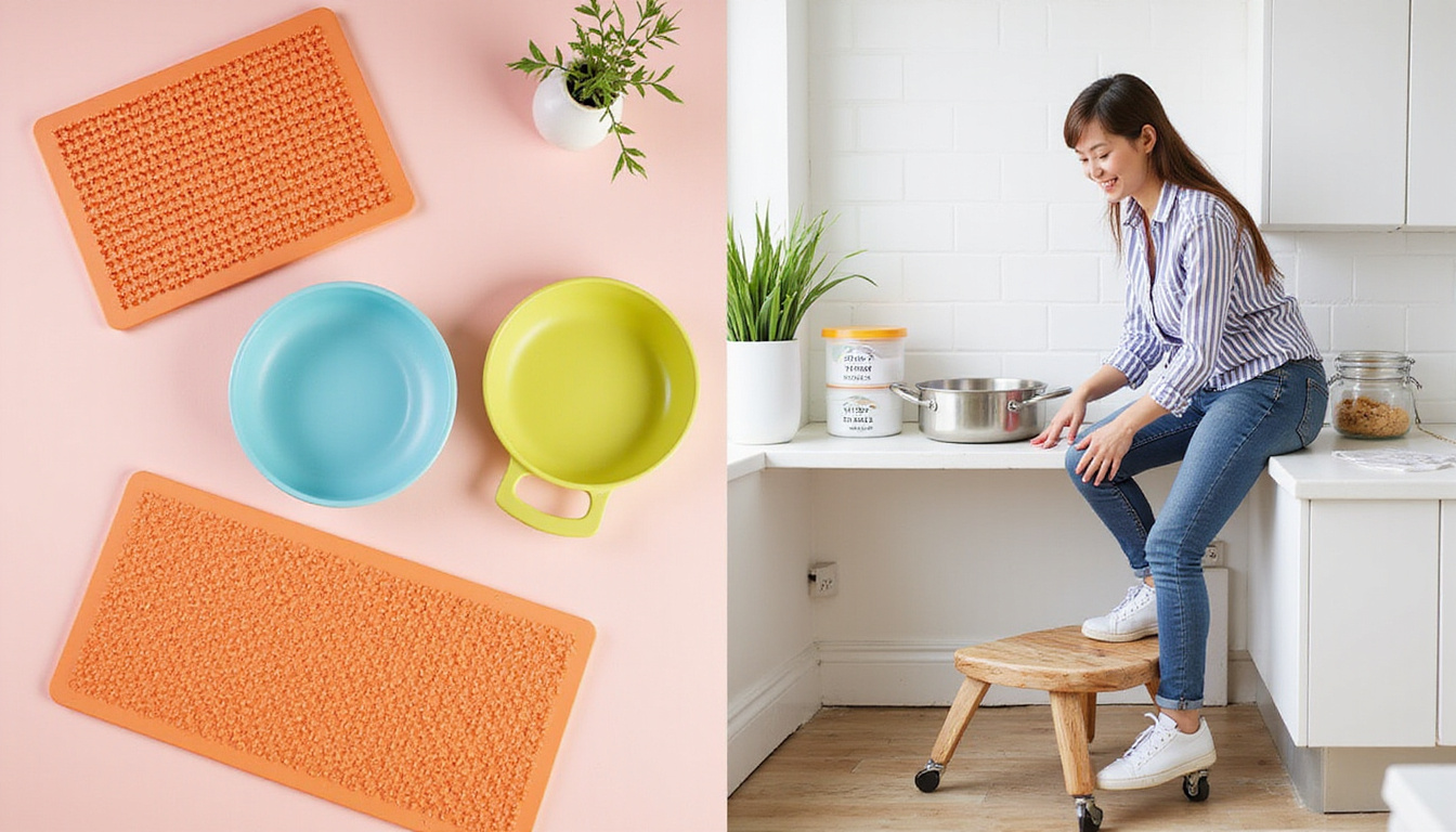 Accessible cookware, non-slip mats, labeled containers on counter, smiling person using rolling stool, bright