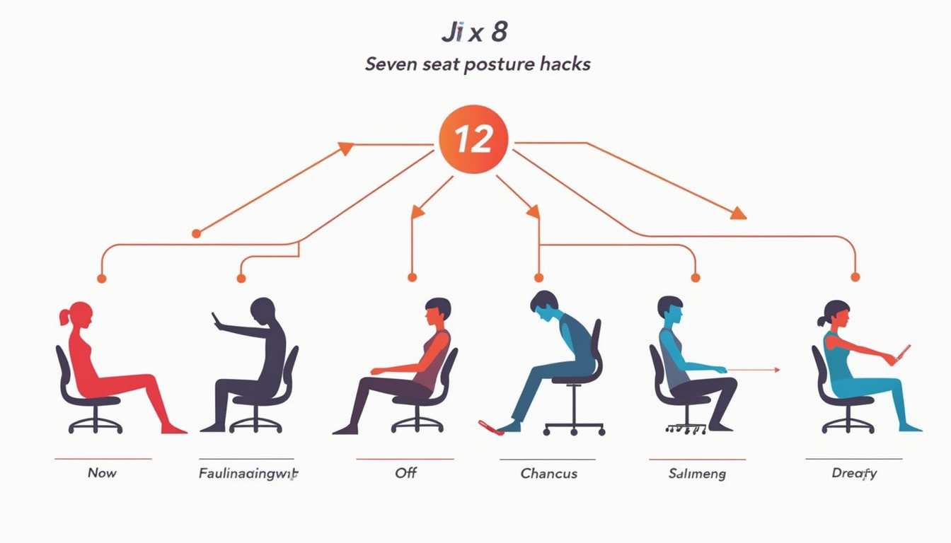  Minimalist infographic of seven seat and posture hacks, icons, arrows, modern flat design