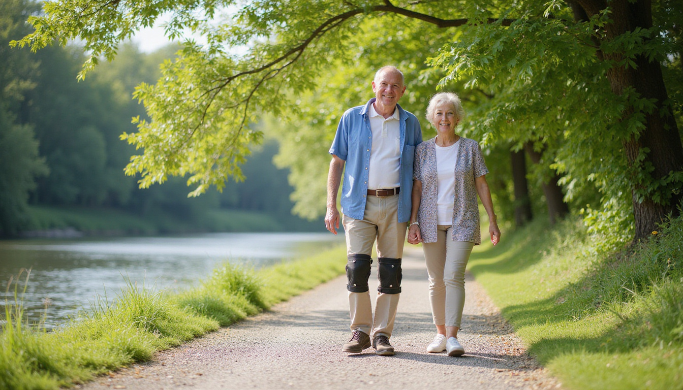  Low gradient riverside path with smooth gravel, smiling elderly couple, knee braces, dappled sunlight