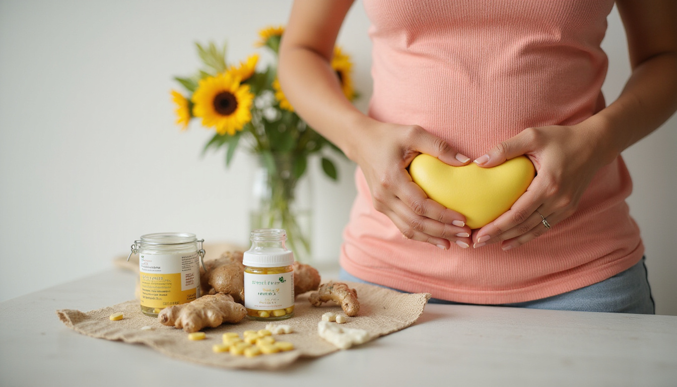  Close-up still life of chamomile, ginger, omega supplements, warm compress, hands cradling abdomen