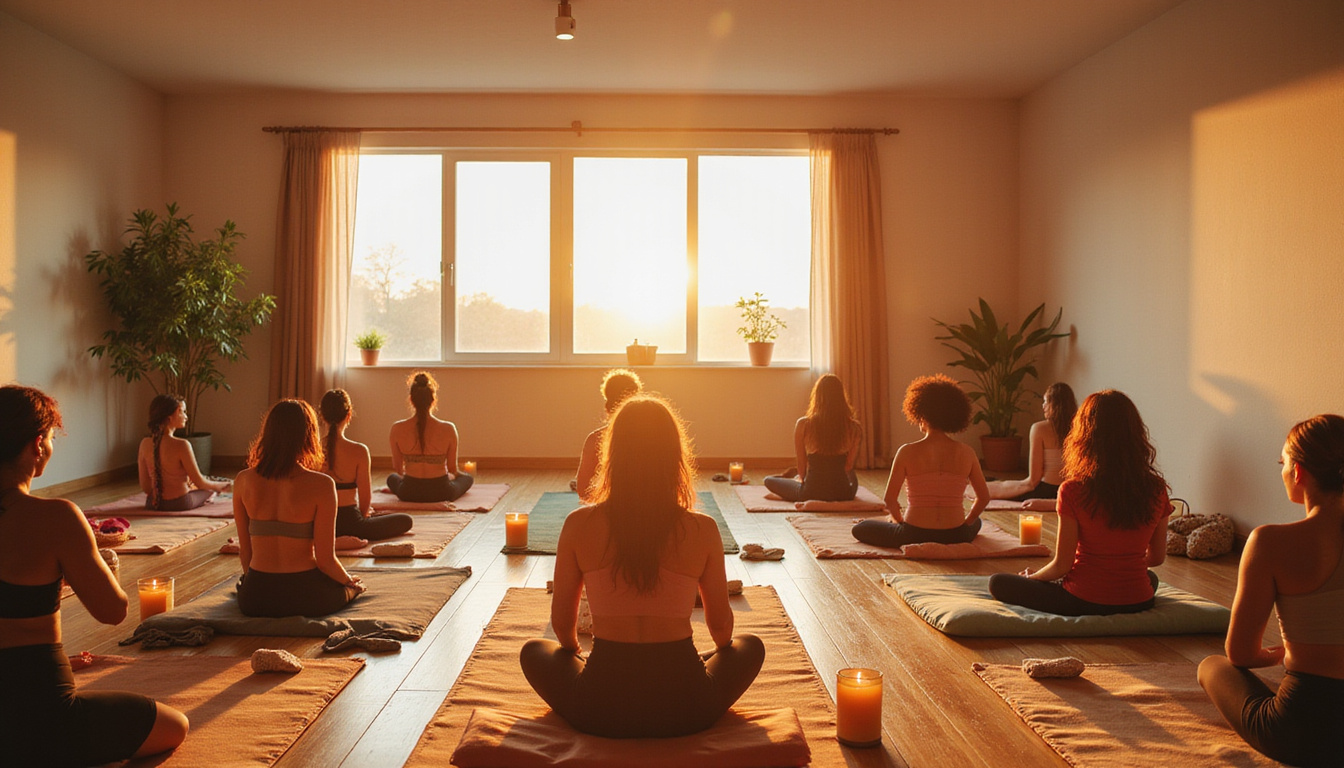  Minimalist studio with cushions and candles, diverse group practicing calming restorative poses, golden hour