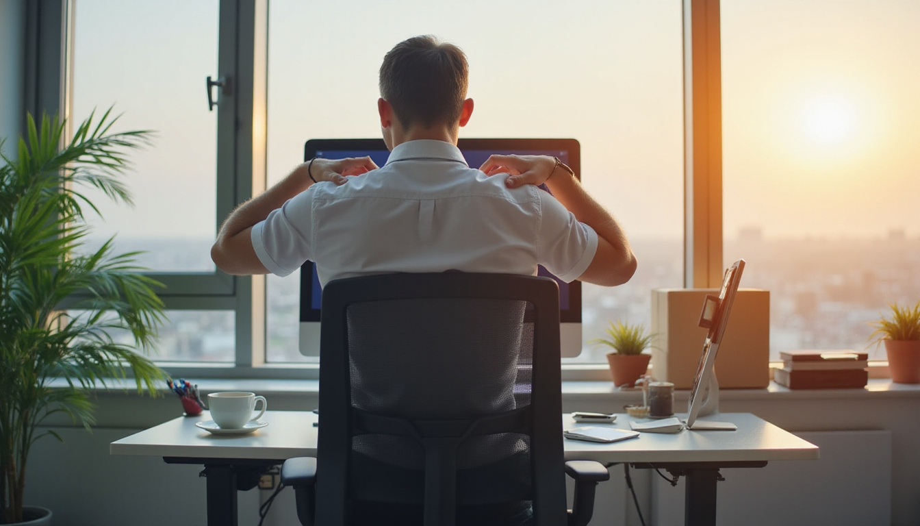  Office worker at ergonomic desk correcting shoulders, before-and-after silhouette, soft natural light