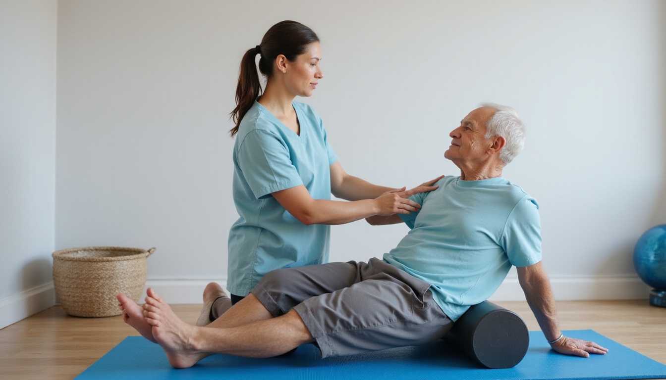  Physical therapist guiding elderly man through modified Pilates with foam roller, calm breathing, visible pain relief