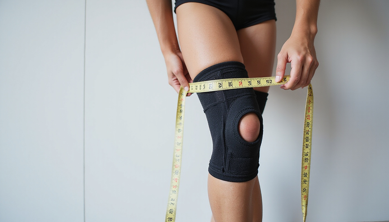  Athlete fitting knee brace, measuring tape, size chart, comfortable padding highlighted, confident expression