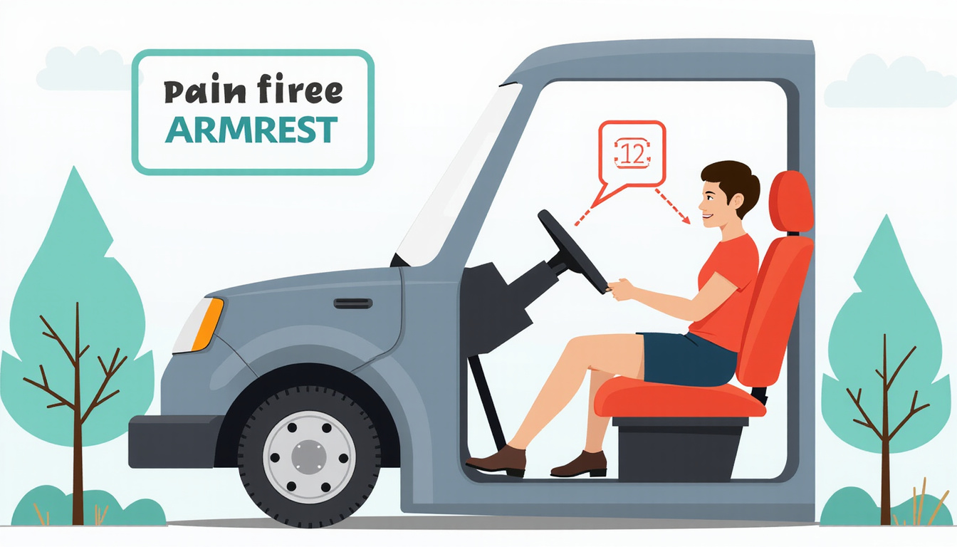  Cutaway infographic of cab showing posture alignment, adjustable armrest, pedal position, smiling pain-free driver