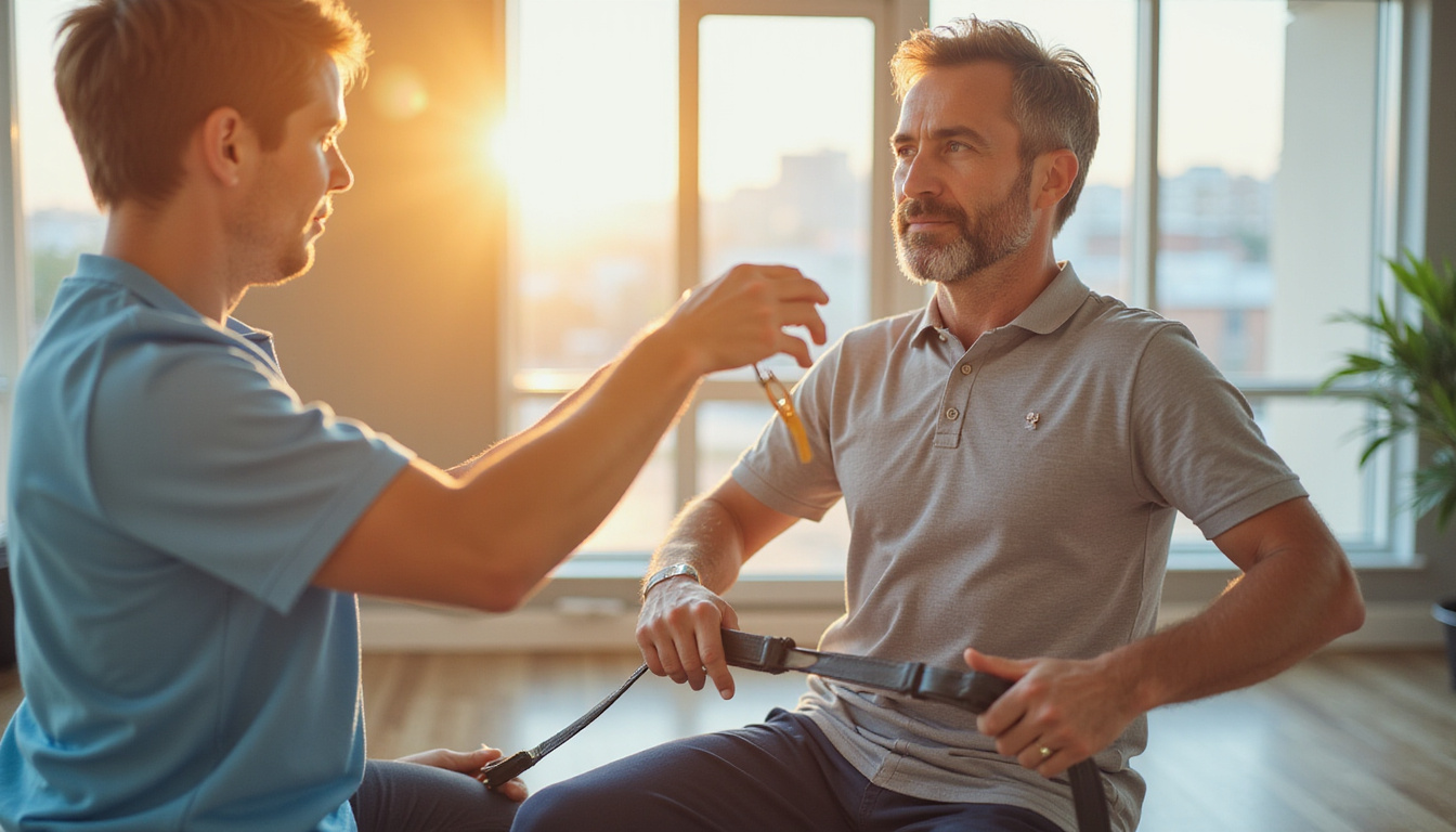  Rehabilitative scene: veteran performing guided resistance band exercises, therapist correcting posture, bright hopeful morning