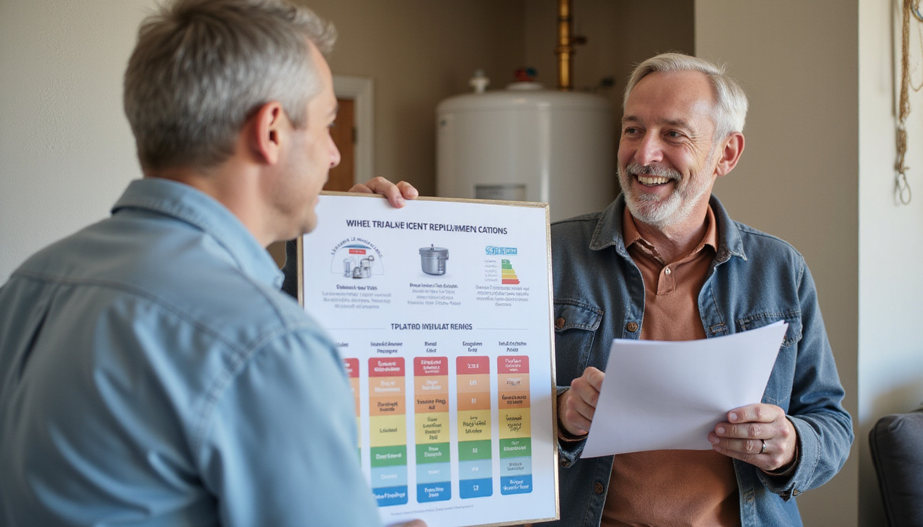 Homeowner reviewing energy-efficient replacement options, cost-saving chart, insulated tank, smiling face