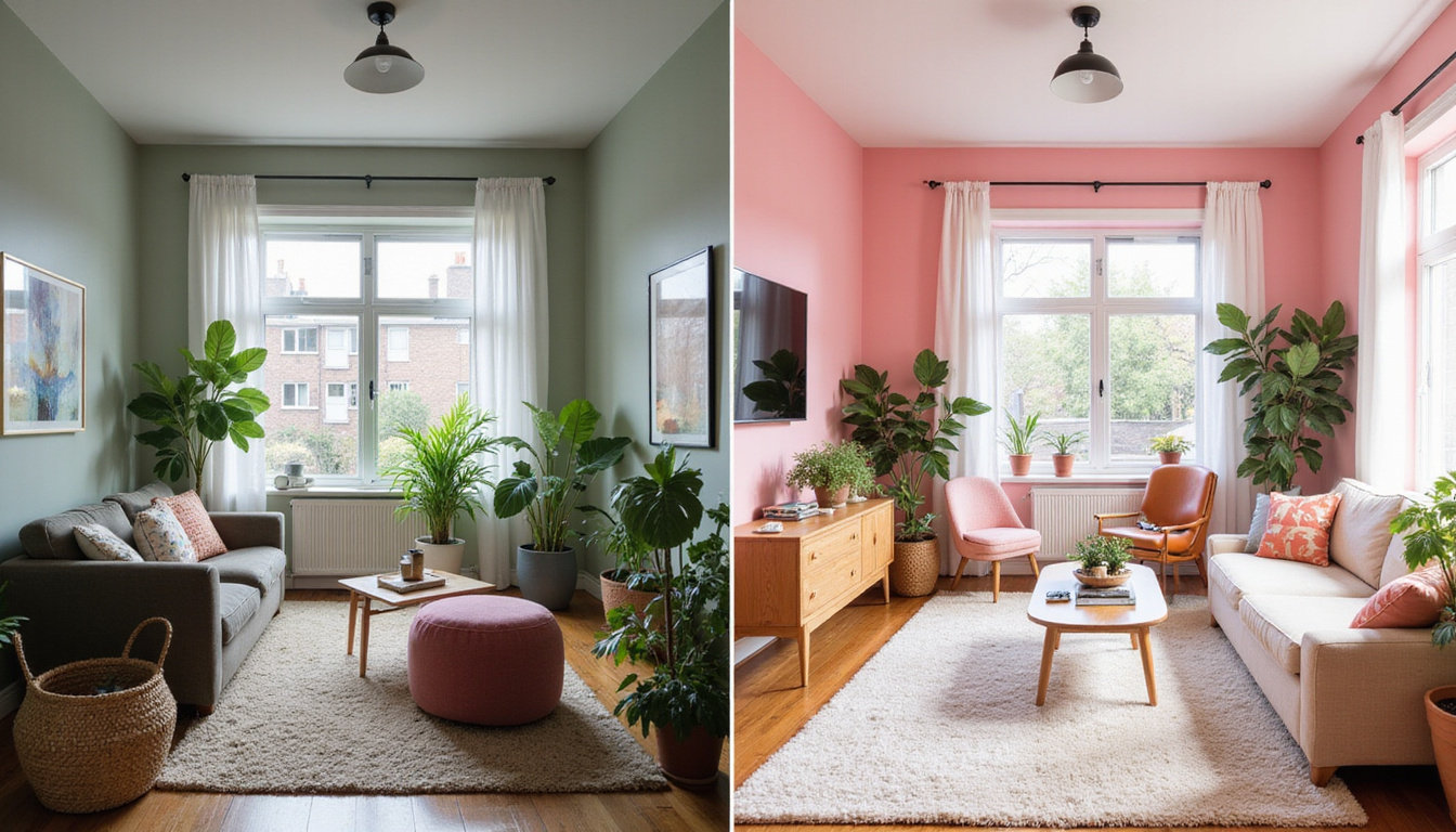  Before-and-after split image: filthy rental transformed into pristine staged living room, fresh paint, plants