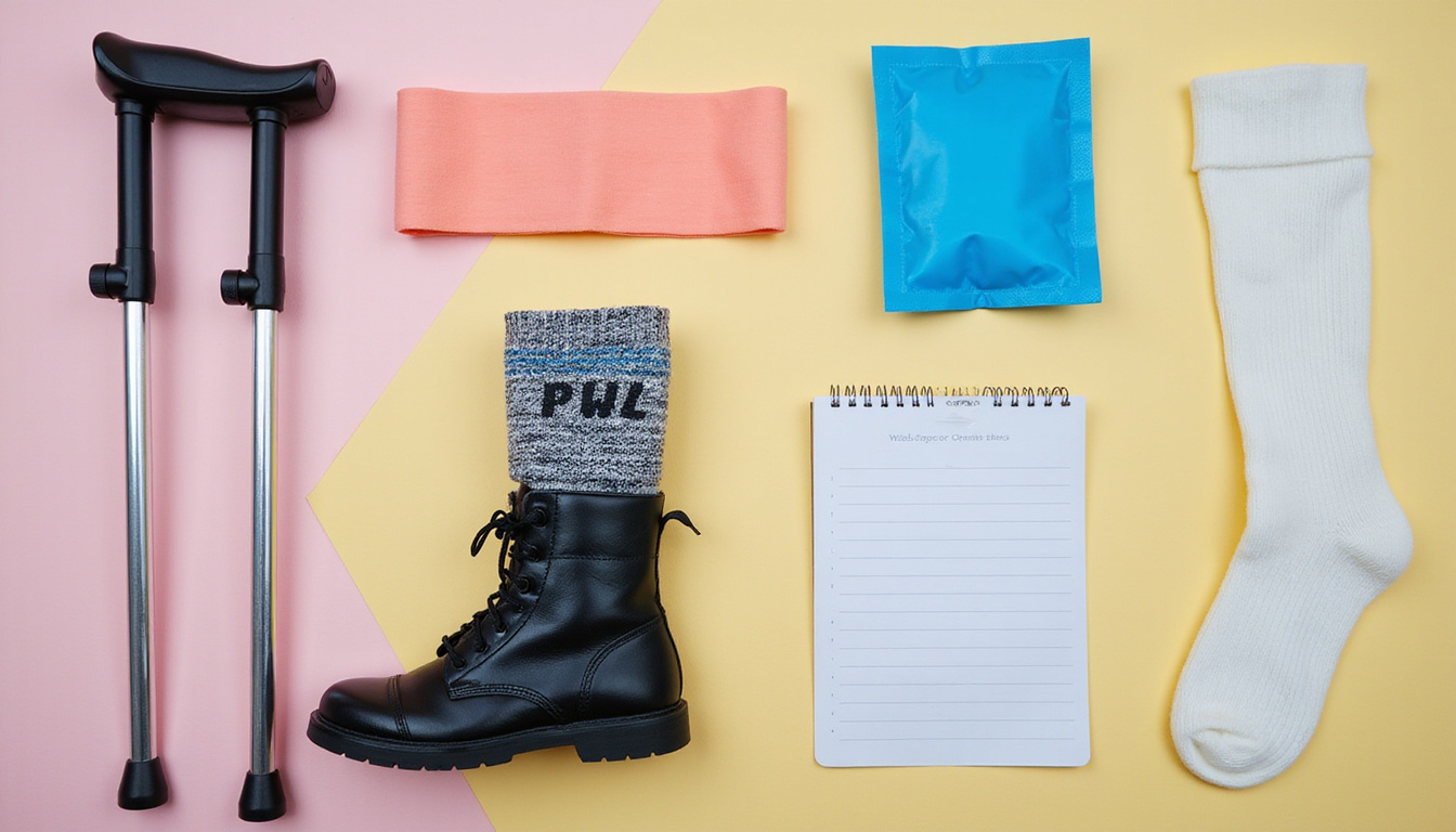  Top-down flatlay of walking-boot essentials: boot, crutches, compression sock, ice pack, therapy band, checklist