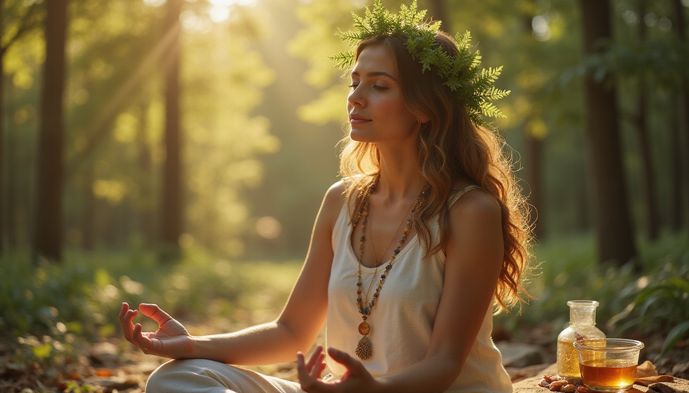  Focused woman meditating with fern crown, crystalline stones, amber tinctures, warm golden bokeh