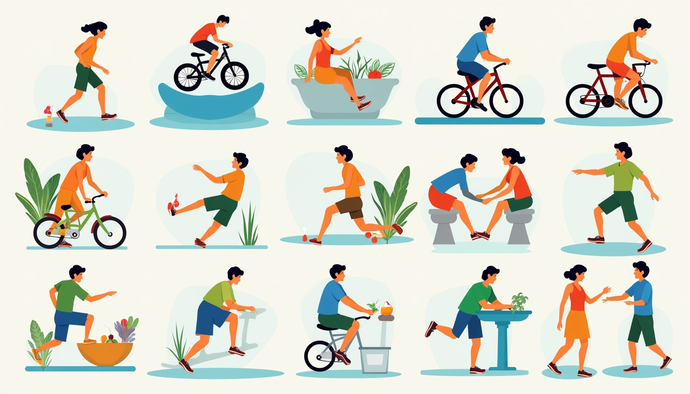  Infographic collage of ten knee protection strategies: walking, cycling, swimming, stretching, healthy food, proper footwear