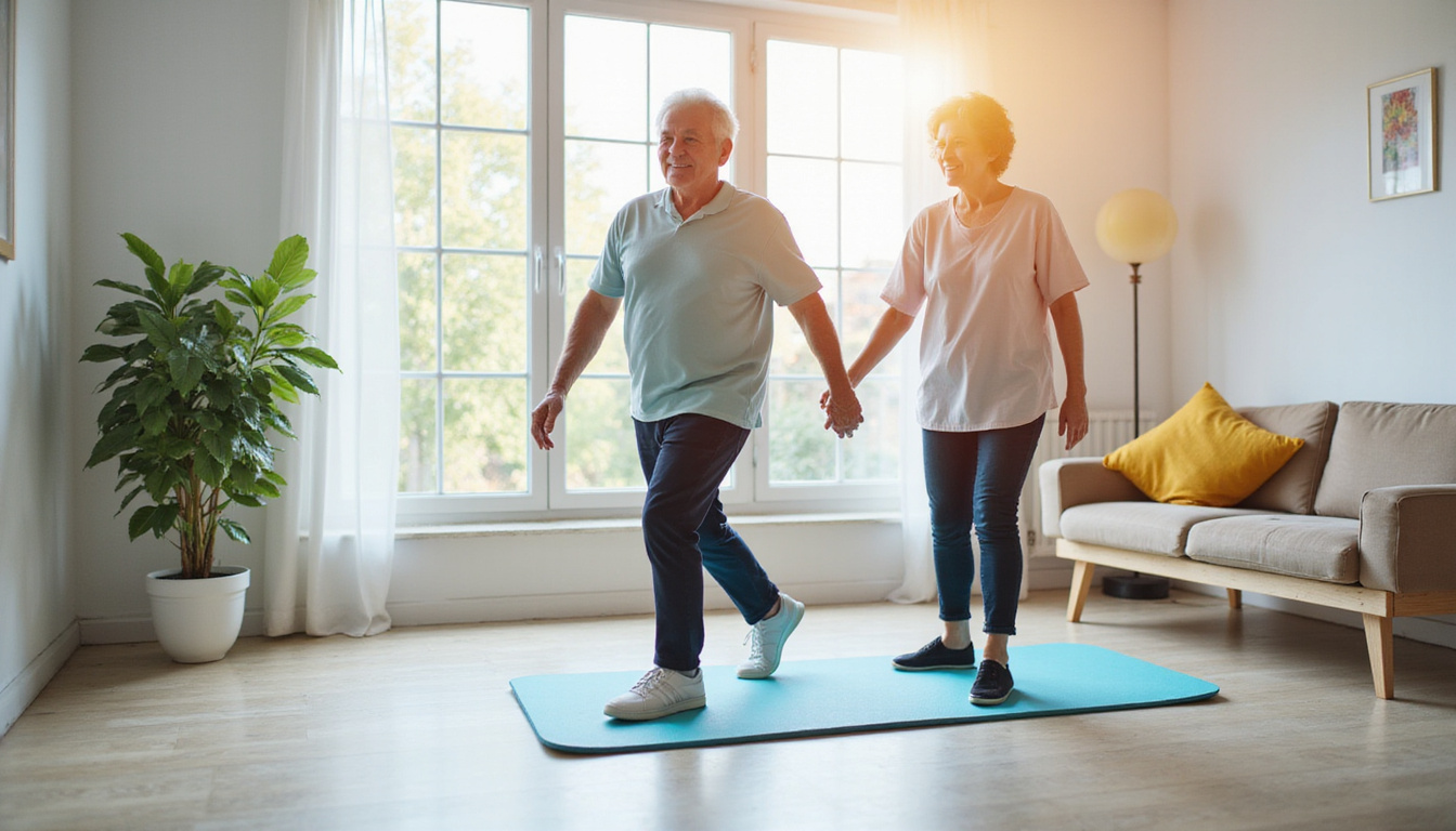  Elderly woman practicing tandem walk on foam pad, guided by physiotherapist, soft natural light