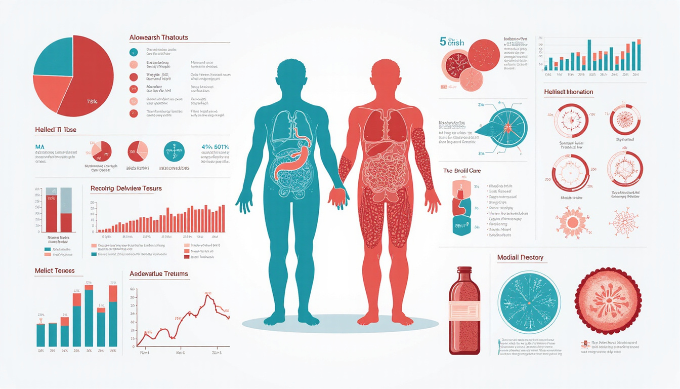  Medical infographic style composition: charts, research papers, healed tissue illustration, care plan avoiding surgery