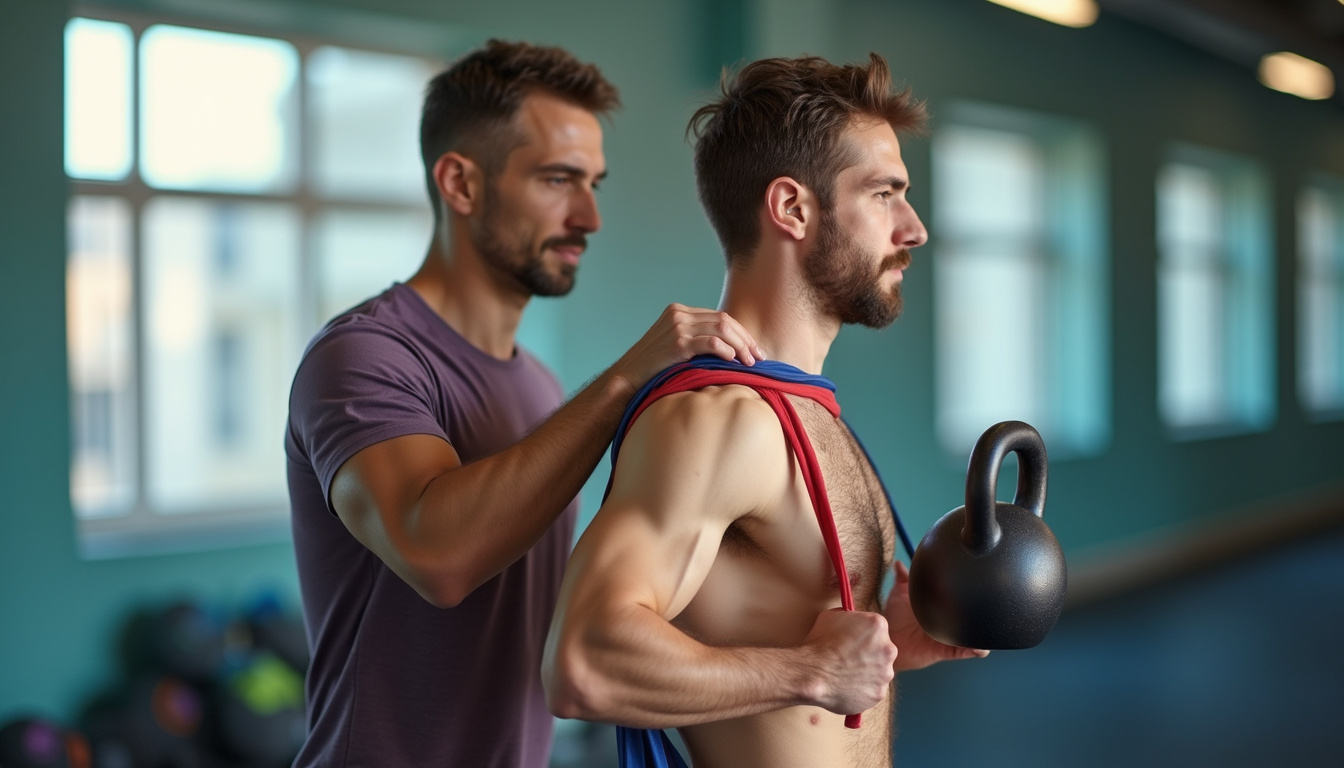  Male coach guiding player through scapular strengthening exercises with kettlebell and Theraband, high-detail sports medicine clinic