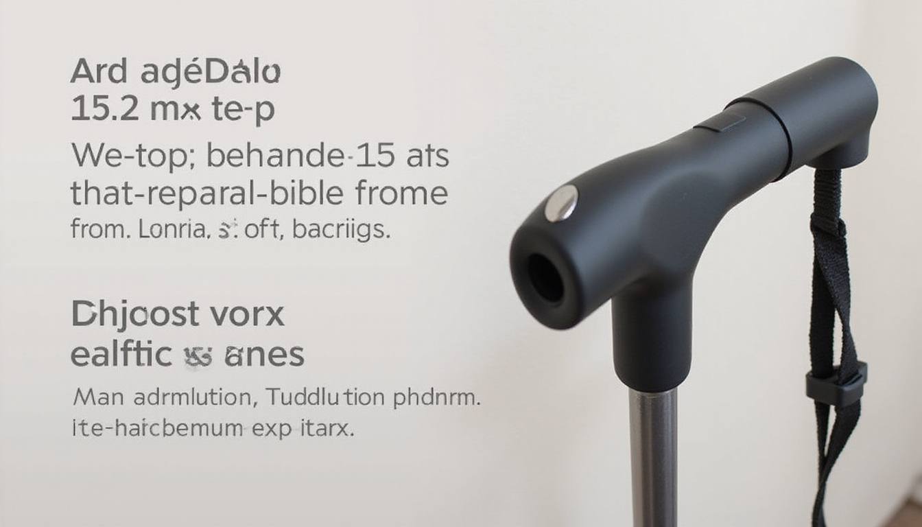  Close-up of adjustable cane handle and supportive padding, instructional infographic overlay, soft neutral background