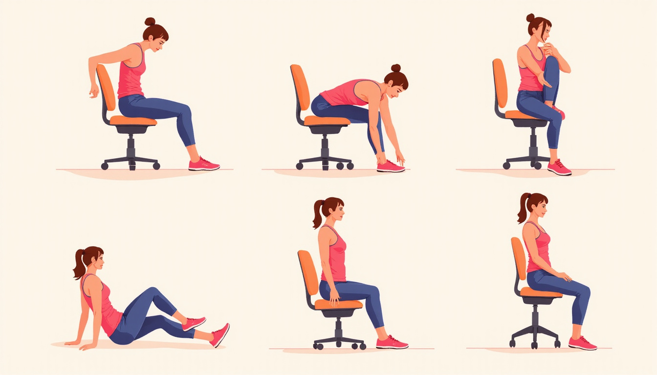  Illustrated step-by-step seven quick stretches sequence, ergonomic chair, warm pastel palette