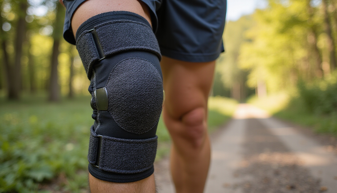  Orthopedic hinged knee brace stabilizing knee during trail run, detailed straps, breathable fabric