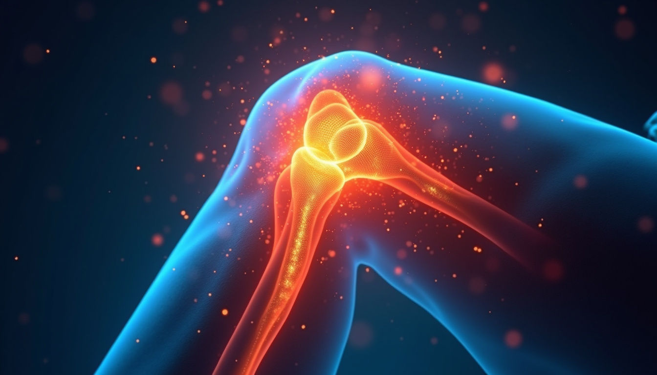  Close-up knee treatment, non-invasive acoustic pulses, overlay anatomy showing fast healing and pain relief