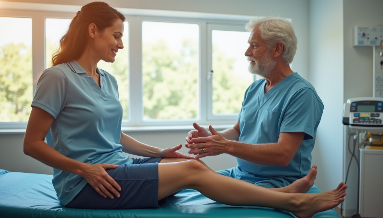  Postoperative rehabilitation scene: patient doing guided knee exercises with physiotherapist, ice pack, optimistic lighting
