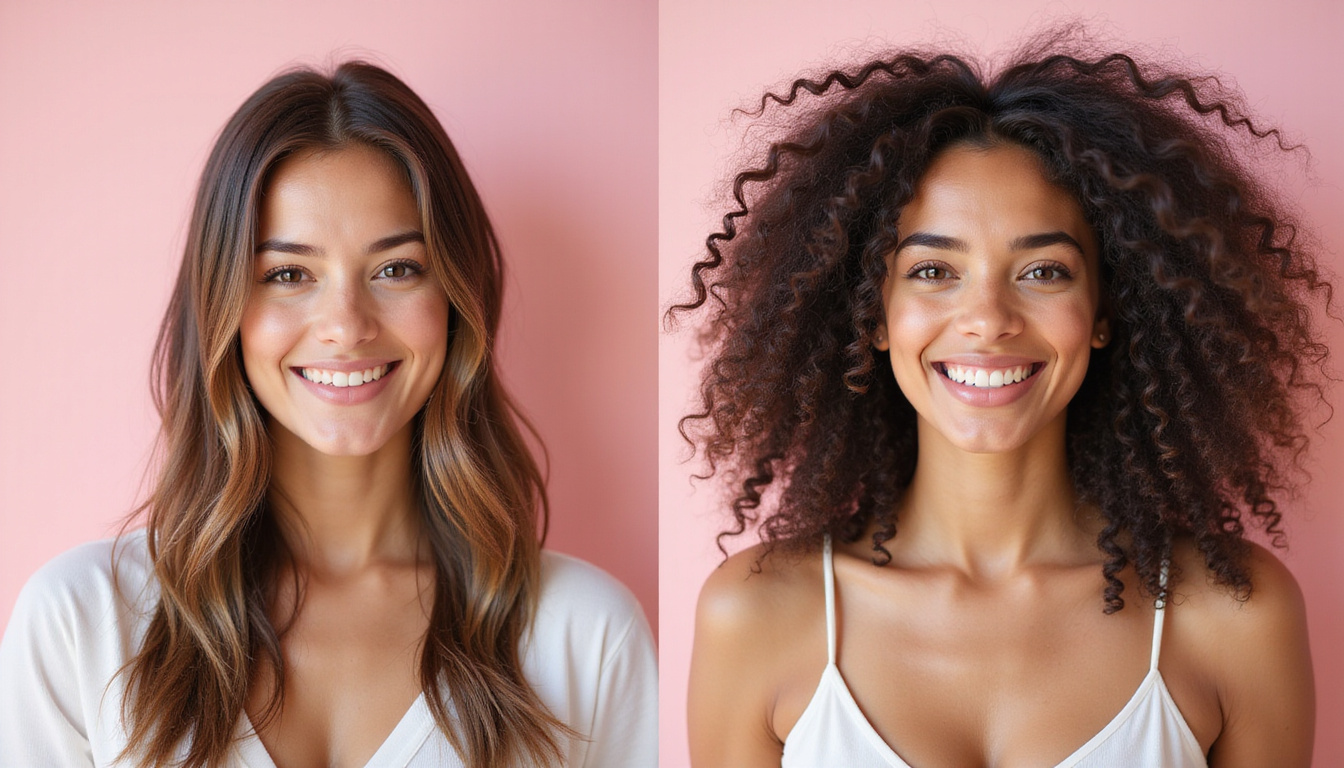  Before-and-after portrait split, thinning to voluminous hair, warm empowering smile, botanical serums