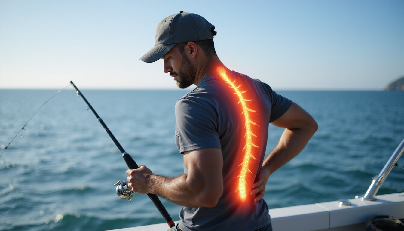  Close-up of fisherman adjusting ergonomic rod posture, annotated pain points highlighted, soothing ocean background
