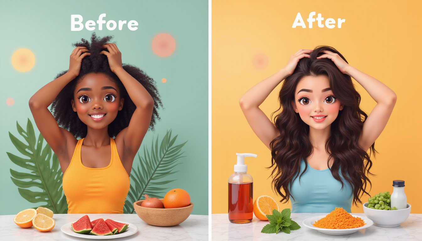  Multiracial group practicing gentle scalp massage, nutritious foods, topical treatments, before-and-after thicker hair