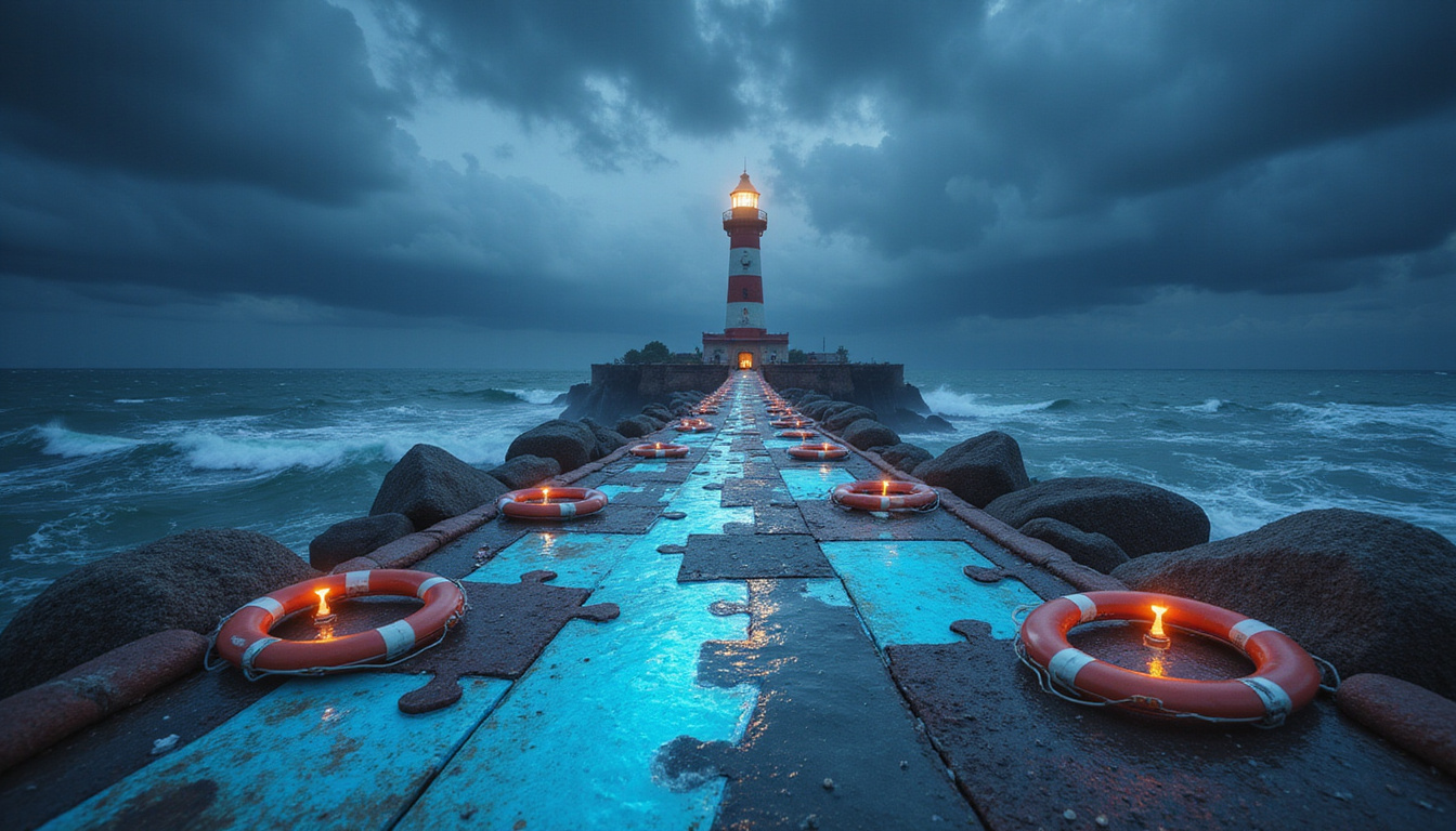  Lighthouse guiding customers through stormy churn sea, lifebuoys, puzzle-piece roadmap, glowing upward arrows
