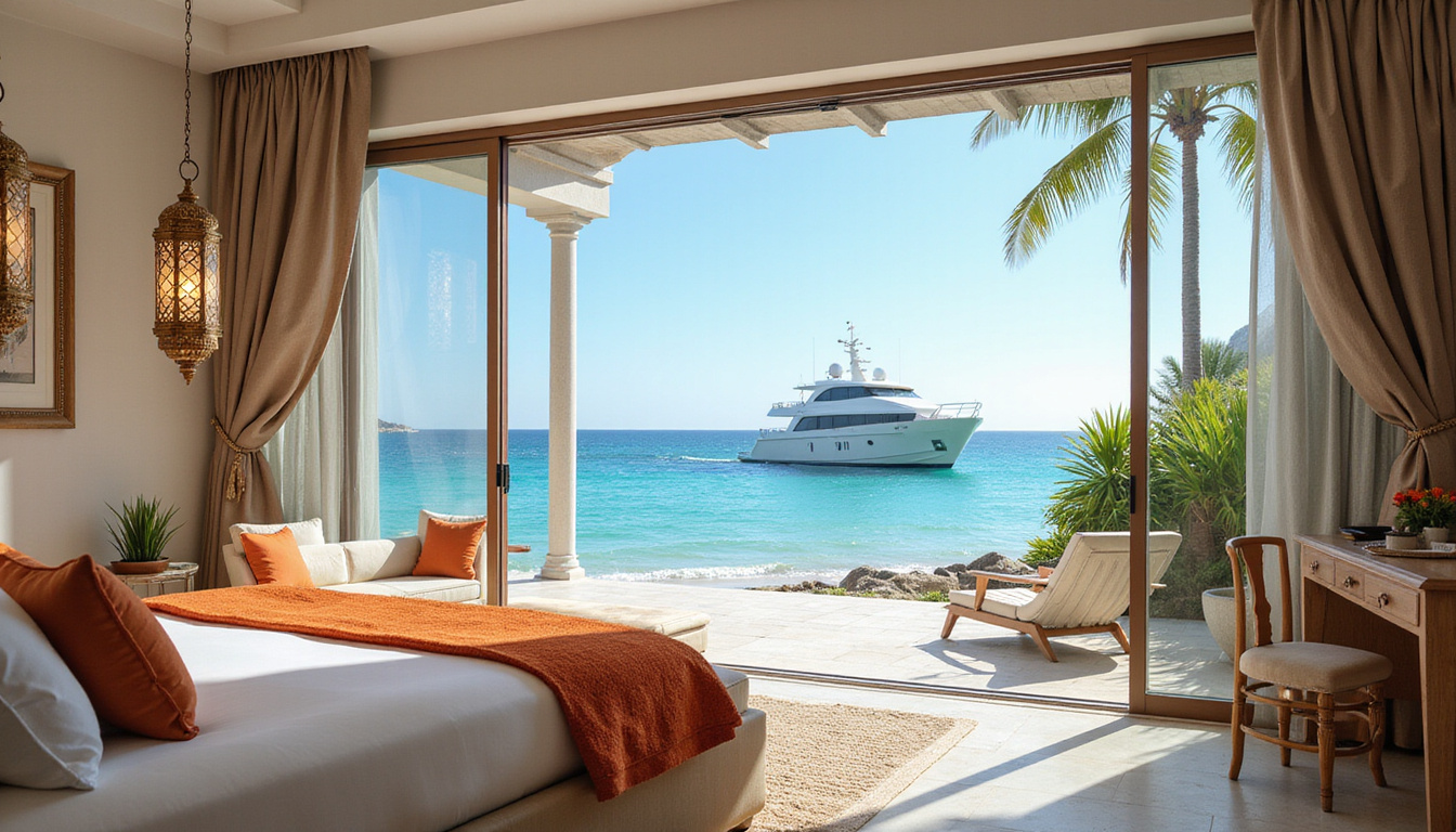  Opulent beachfront suite with private terrace, turquoise waters, yacht moored, Arabian-style lanterns