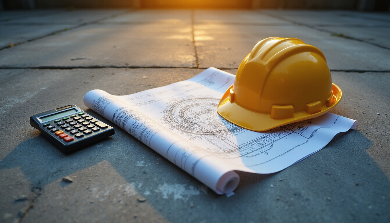  Secret vault-shaped blueprint unrolled on concrete slab, calculator, hard hat, golden light