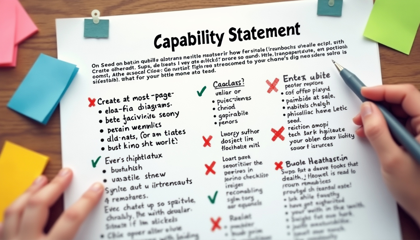 Annotated one-page capability statement with numbered steps, sticky notes, pen, checklist, authoritative seal