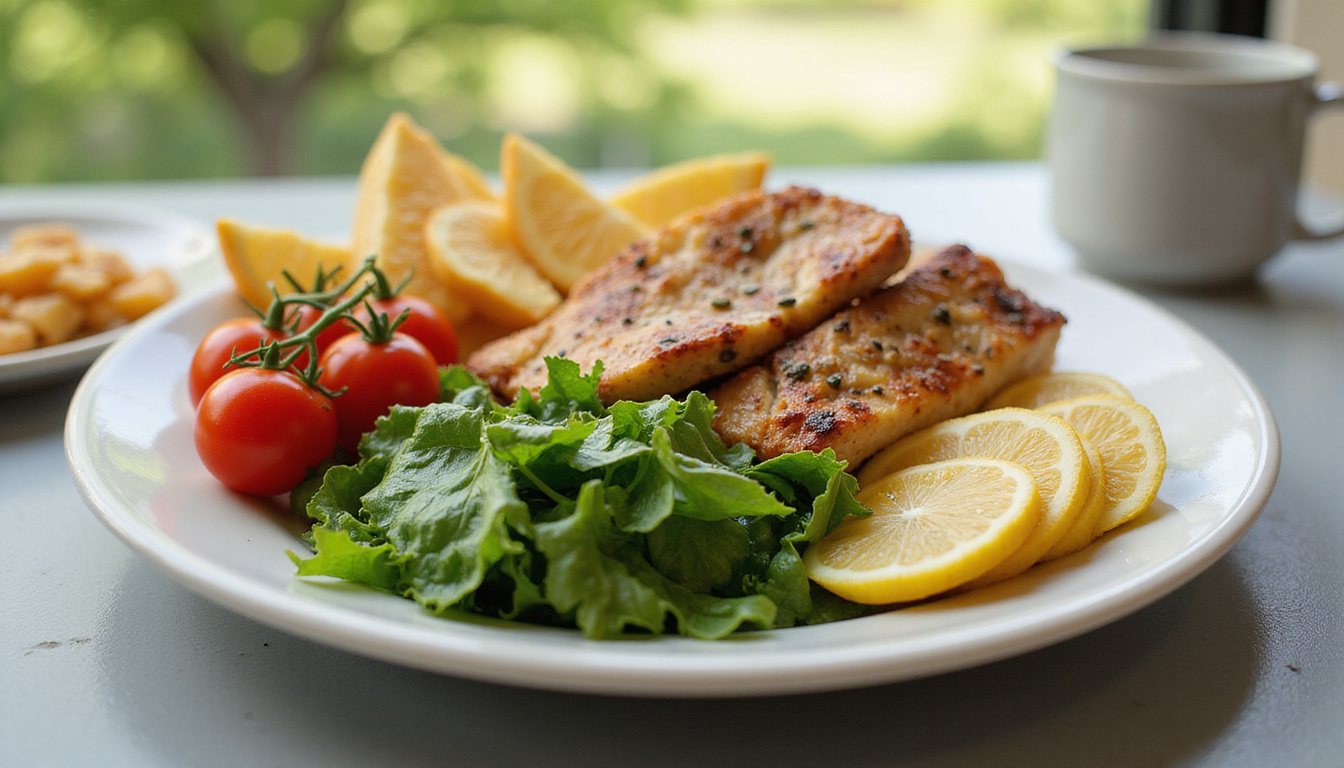  Vibrant plate with balanced low-GI carbs, protein, greens, energized person stretching outdoors