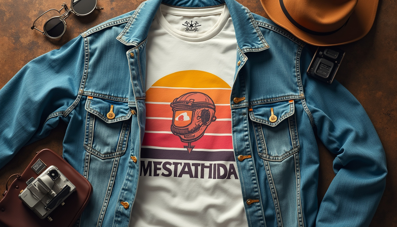  Flat-lay of vintage graphic tees with denim, leather jacket, accessories, film camera aesthetic